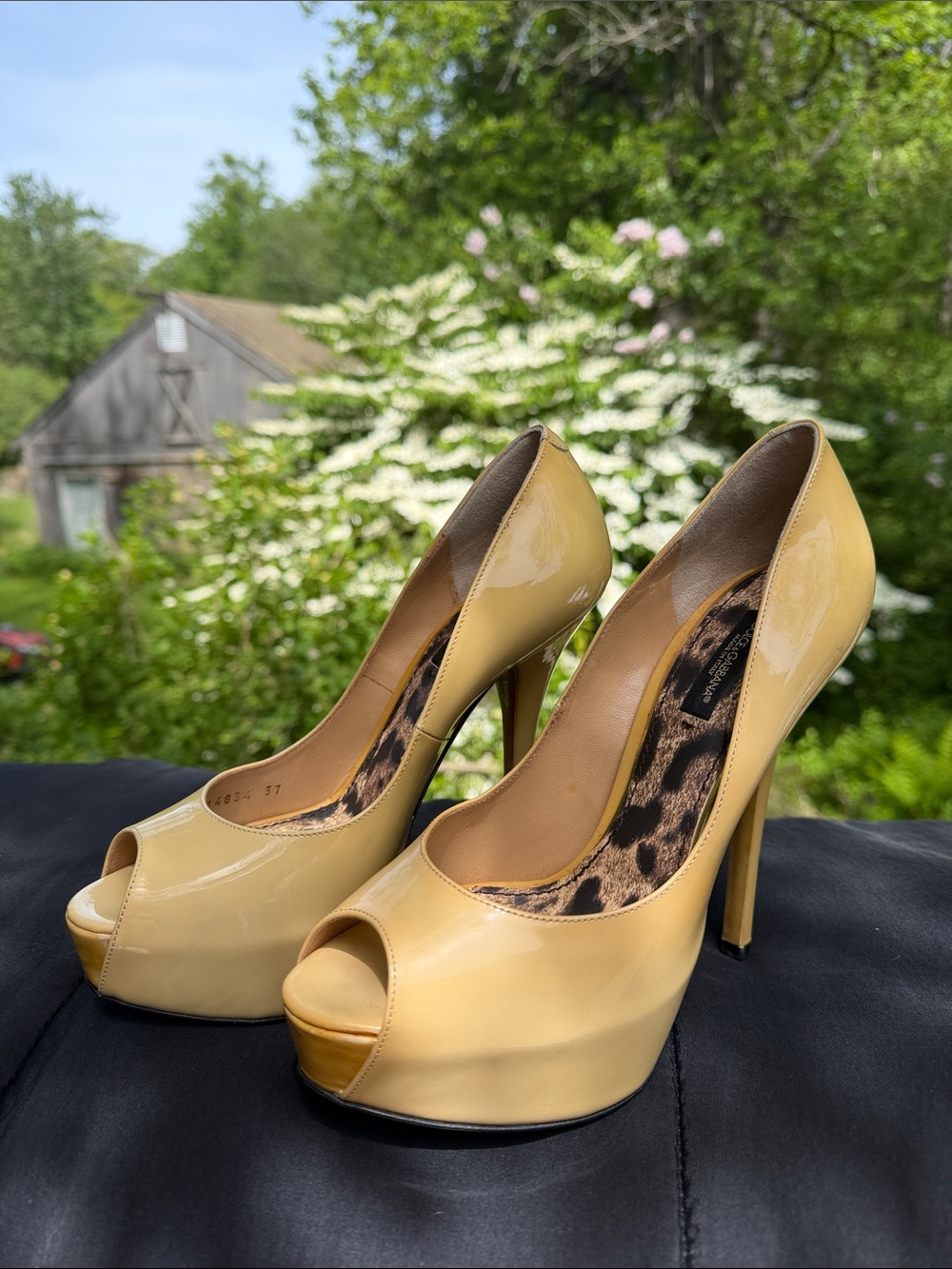 EUC Dolce & Gabbana Beige Patent Leather Peep-Toe Pumps